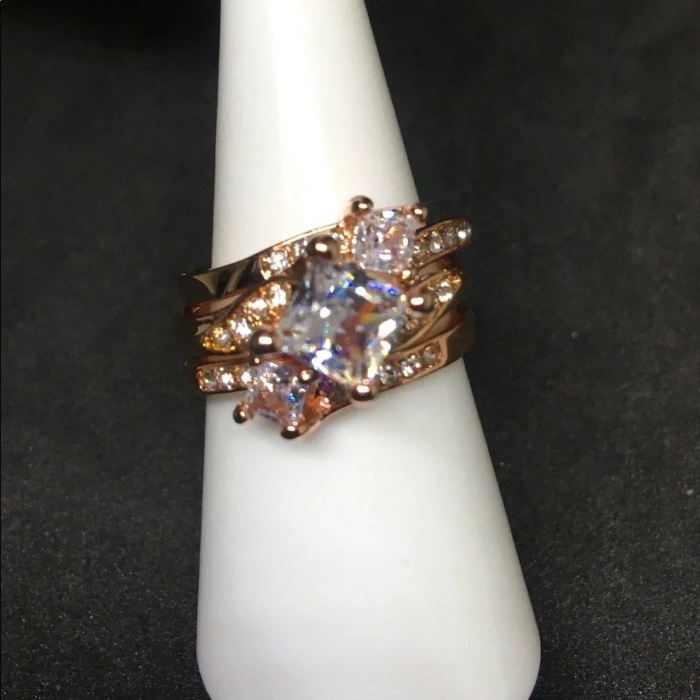 Rose Gold 3pc Engagement Ring & 2 Wedding Bands Set with Diamond Sterling Silver